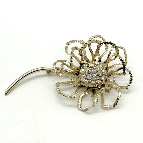 Vintage Aurora Borealis Brooch Rhinestone Sarah Coventry Gold-Tone Flower 1960s - Picture 4 of 12